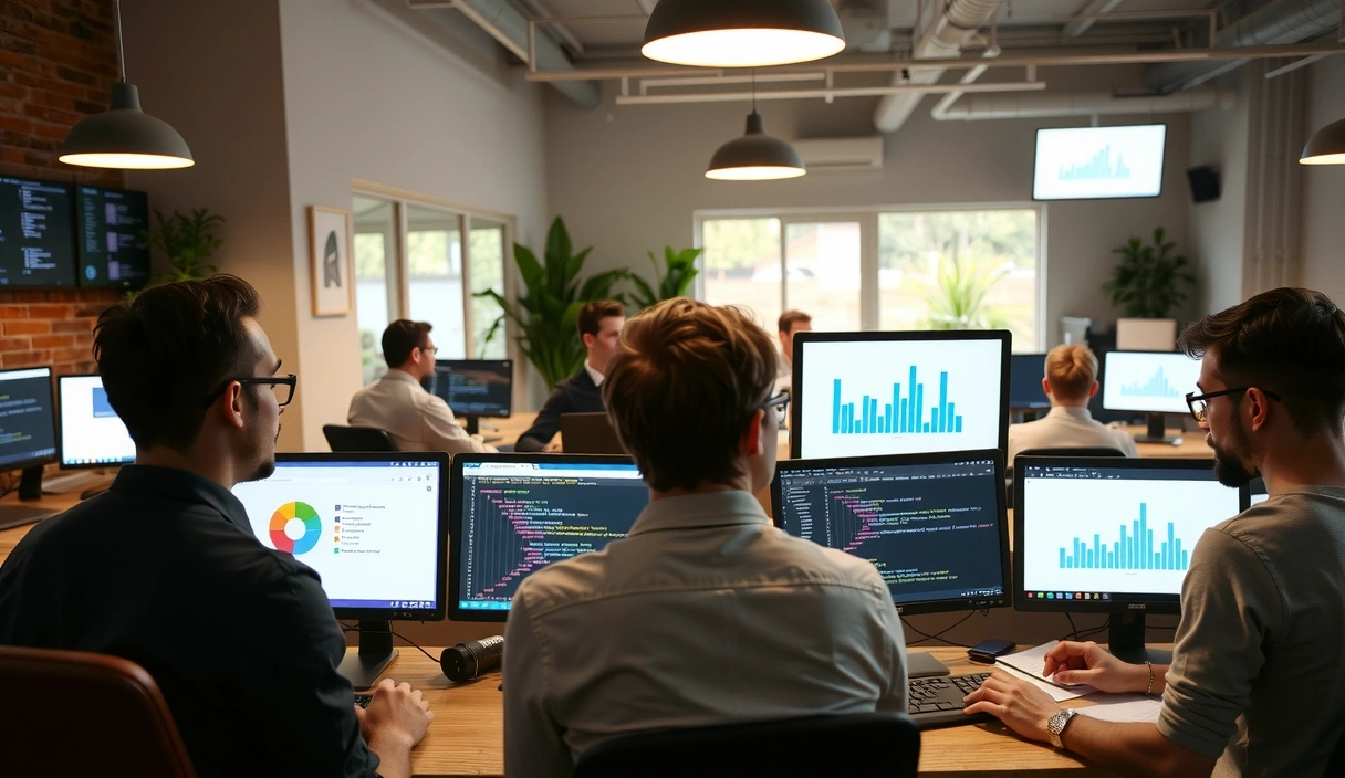 Tým pixelspring pracuje na moderních počítačích v kanceláři