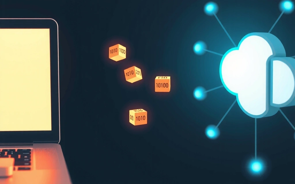 Detailní pohled na digitální data proudící mezi zařízením a serverem, symbolizující cookies