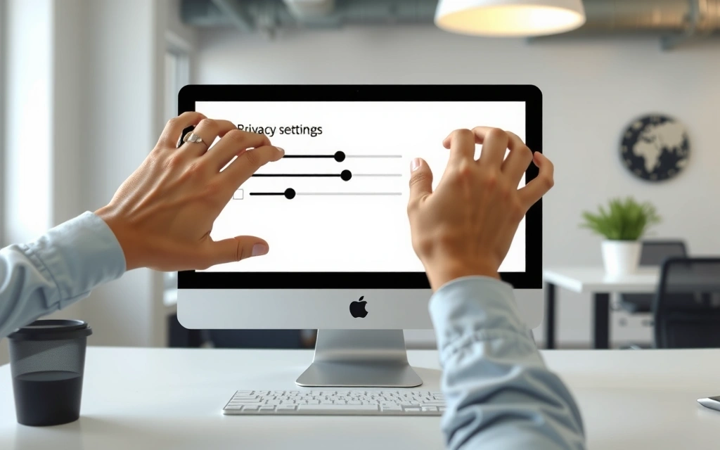 Osoba upravující nastavení soukromí na počítači, symbolizující správu cookies