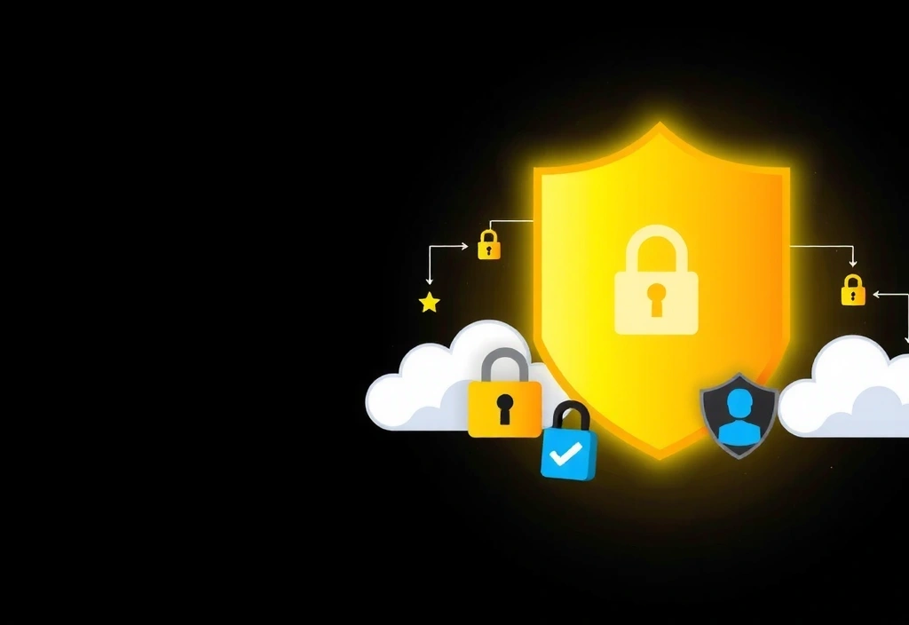 Ilustrace bezpečnostního štítu s digitálními zámky a ikonami šifrování, symbolizující ochranu dat.
