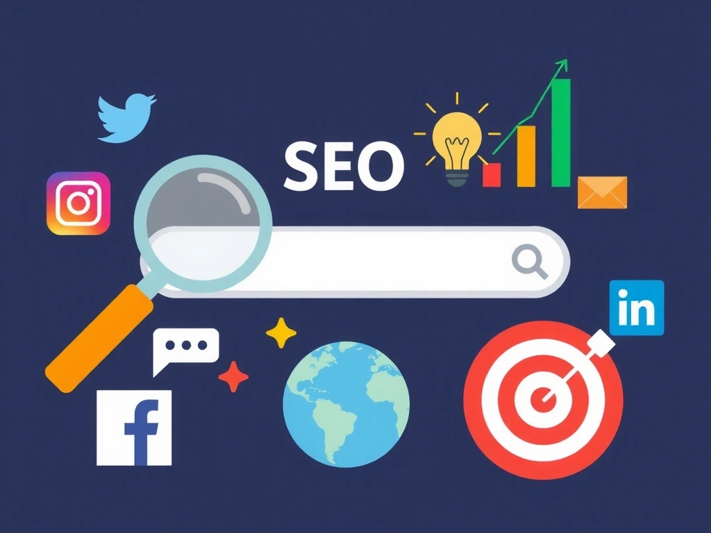 Grafy a ikony symbolizující SEO optimalizaci a digitální marketing