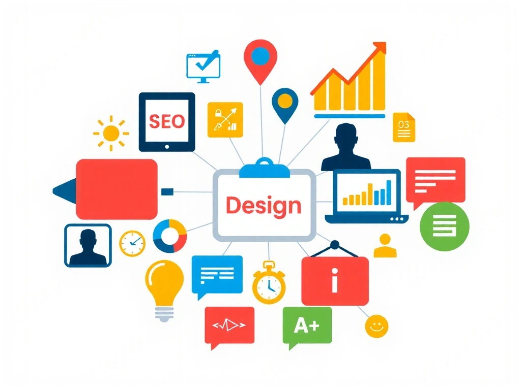 Digitální ikony představující různé služby webdesignu a digitálního marketingu