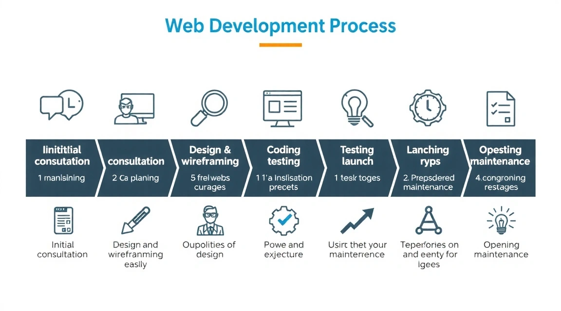 Diagram procesu tvorby webu, ukazující kroky od konzultace po spuštění a údržbu.